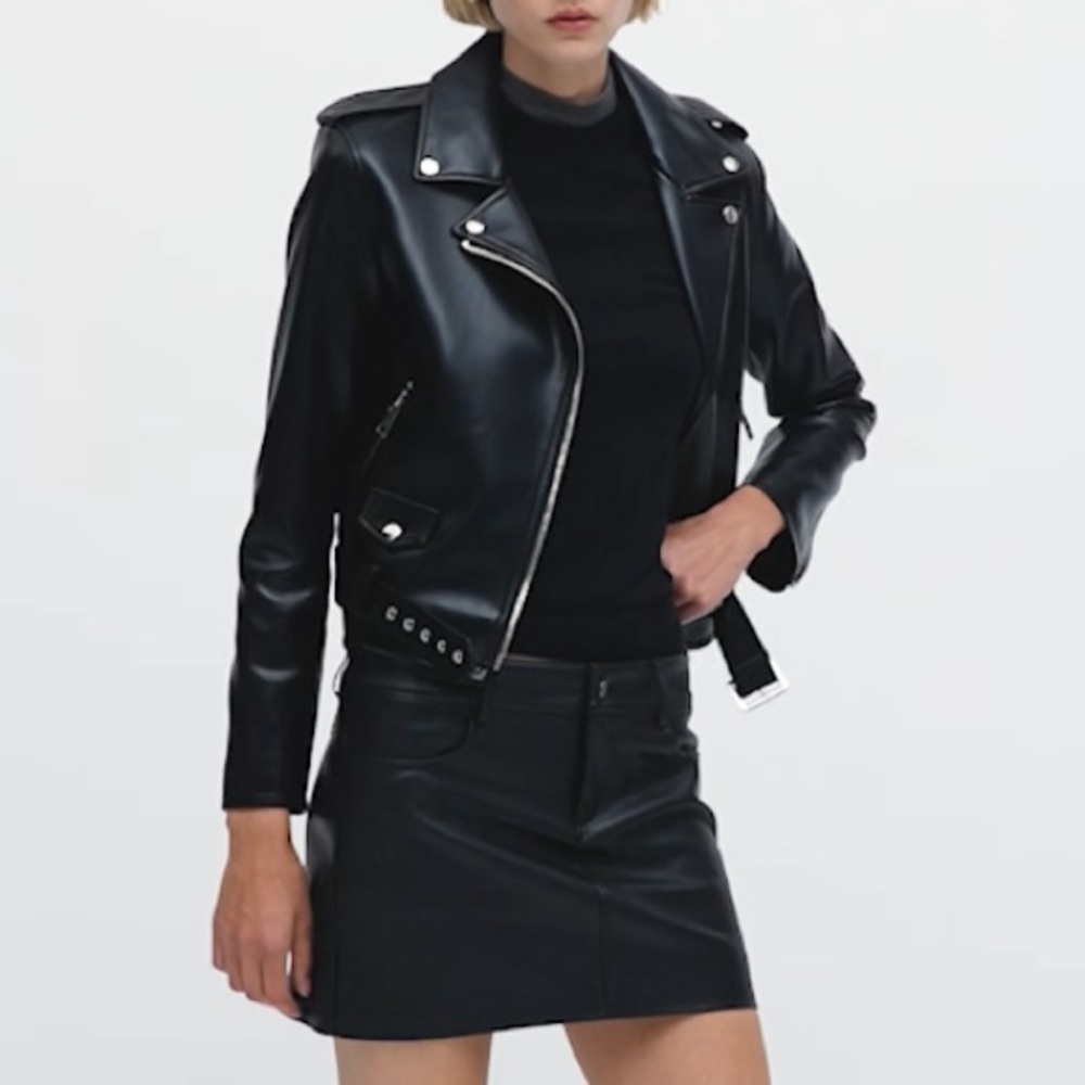 NWOT Mango Leather Biker Black Jacket Size M